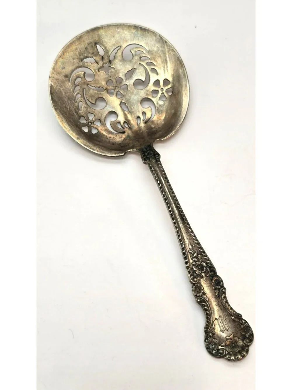 Antique Sterling Silver Pierced Serving Spoon Bonbon Floral Handle Mono CM2267